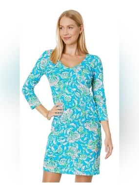 🌴 Lilly Pulitzer Tessa V-Neck Dress – Cumulus Blue Chick Magnet Print XS 🌴